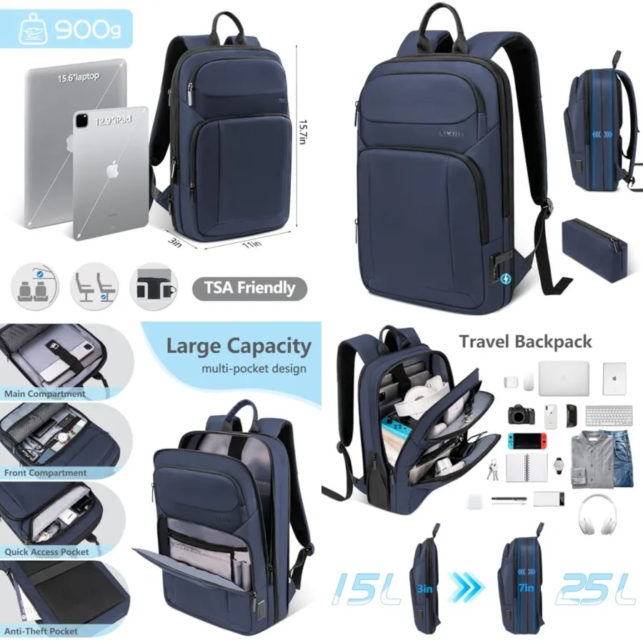 

Backpack for Men Slim and Expandable Travel Laptop Backpack with USB Charging Port Water Resistant Anti-Theft Business Backpack