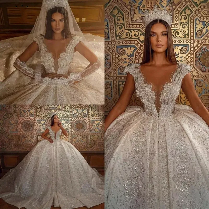 

Luxury Wedding Dress V Neck Beaded Appliques Sequins Sleeveless Lace Ruffles Princess Bridal Gowns Lace Robe De Mariée Plus Size