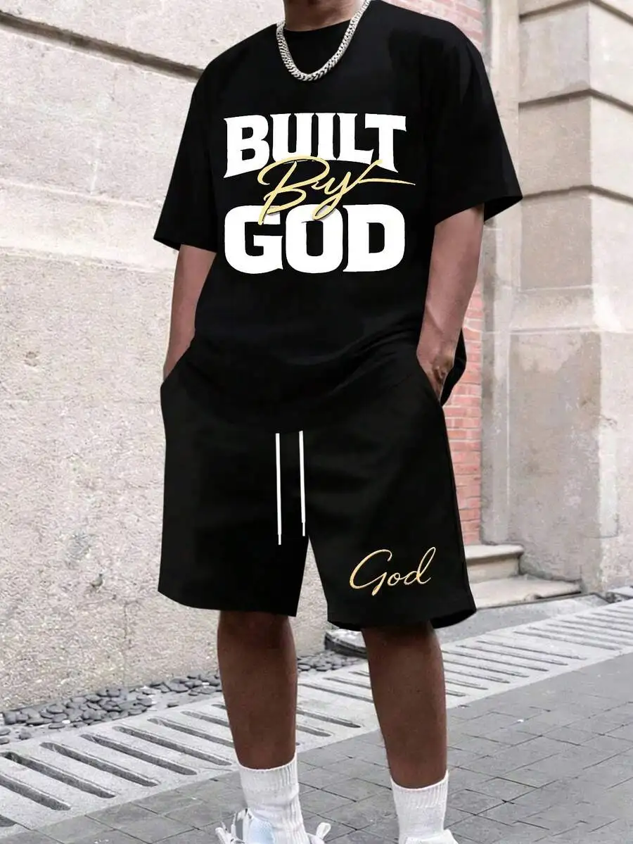 

Men Casual Print T-Shirt And Shorts Set Built By God Design Soft Cotton Polyester Streetwear