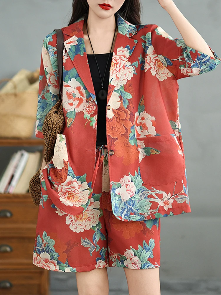 

Retro Floral Cotton Linen Set Women Summer Loose Lightweight Casual Suit Shorts Fashionable Two-Piece Set Ethnic Style