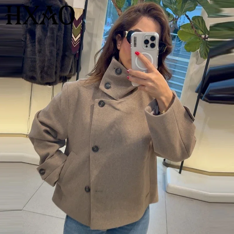 HXAO معطف المرأة اقتصاص سترة تويد عالية الياقة الخريف الشتاء جديد في معاطف امرأة طويلة الأكمام زر فو الصوف أفخم سترة #2