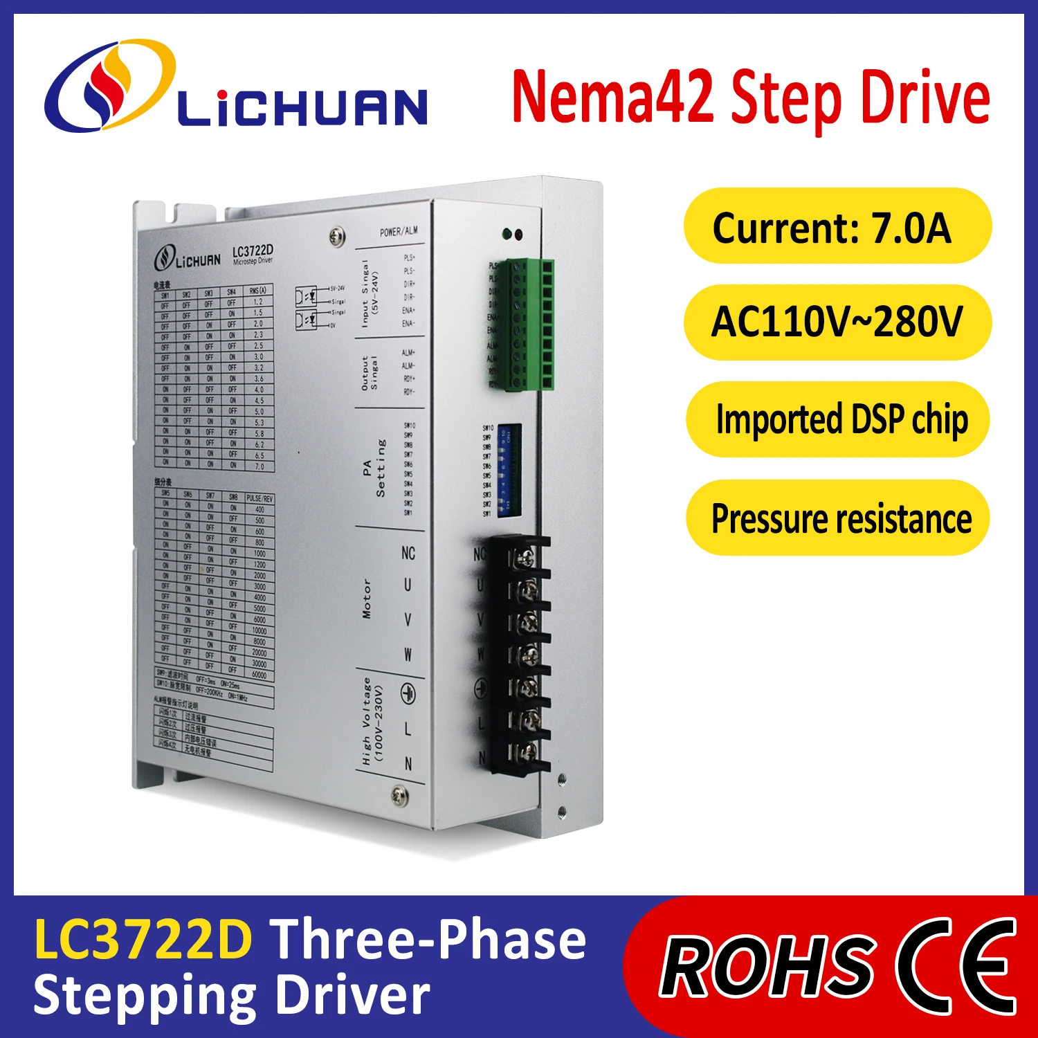 

Lichuan 3 Phase Nema42 Openloop Stepper Driver AC110V～280V 7A 400～60000ppr AC Open Loop Stepper Motors Drivers for 3D Printer