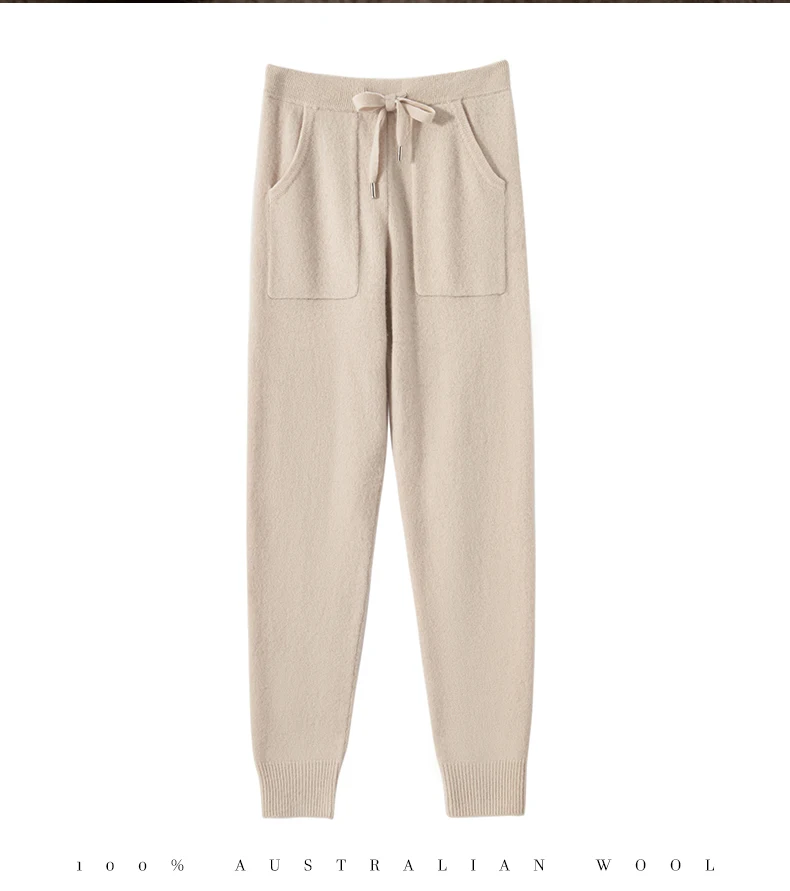 Women's Knitted 100% Wool Pants with Double Pockets and Elastic Waistband for Autumn and Winter, High Stretch Sports Style Pants