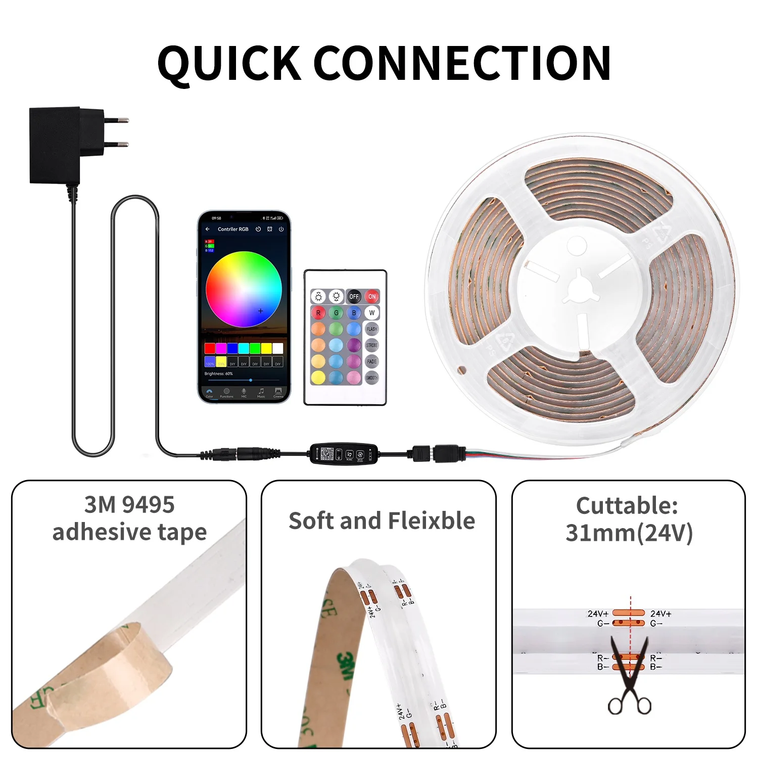 شريط إضاءة LED RGB COB مع خاصية التحكم بالتطبيق وتغيير الألوان ومزامنة الموسيقى، شريط إضاءة LED 576 مصباح/متر، شريط مرن لتزيين الغرفة وإضاءة خلفية للتلفزيون