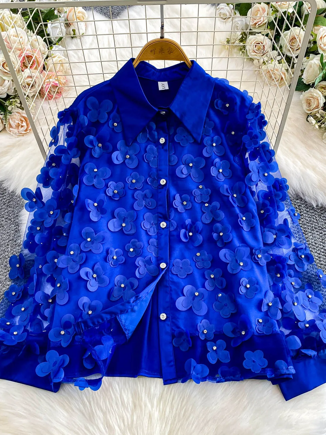 

Women's Blue Polo-Neck Shirts Blouses Y2k Vintage 2000s Elegant Long Sleeve 3D Floral Oversize Shirt Chic Clothes Spring Autumn