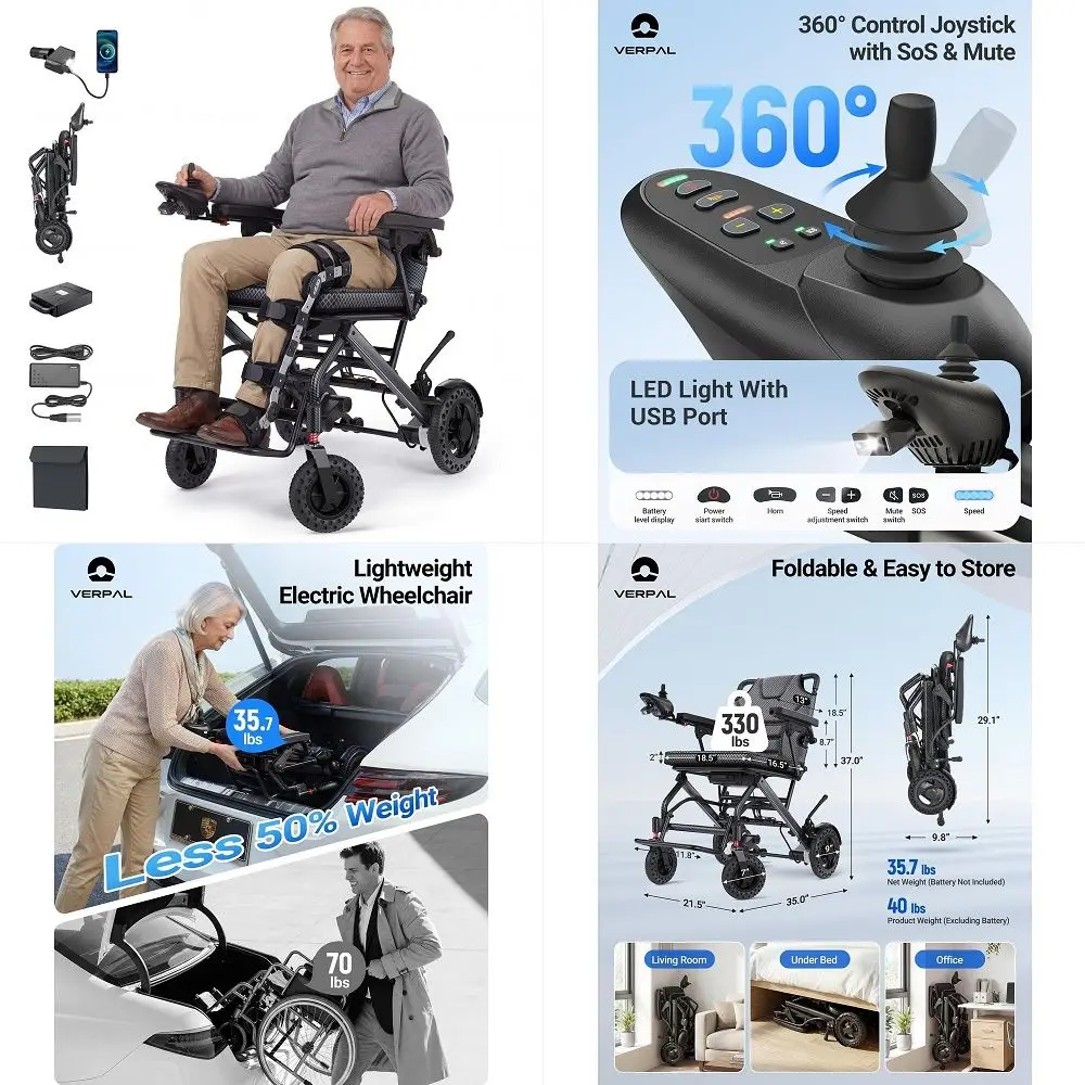 

Lightweight Electric Wheelchair, Foldable Electric Wheelchair for Adults, Seniors, 360W Dual Motor Power Wheelchair 20 Miles fo