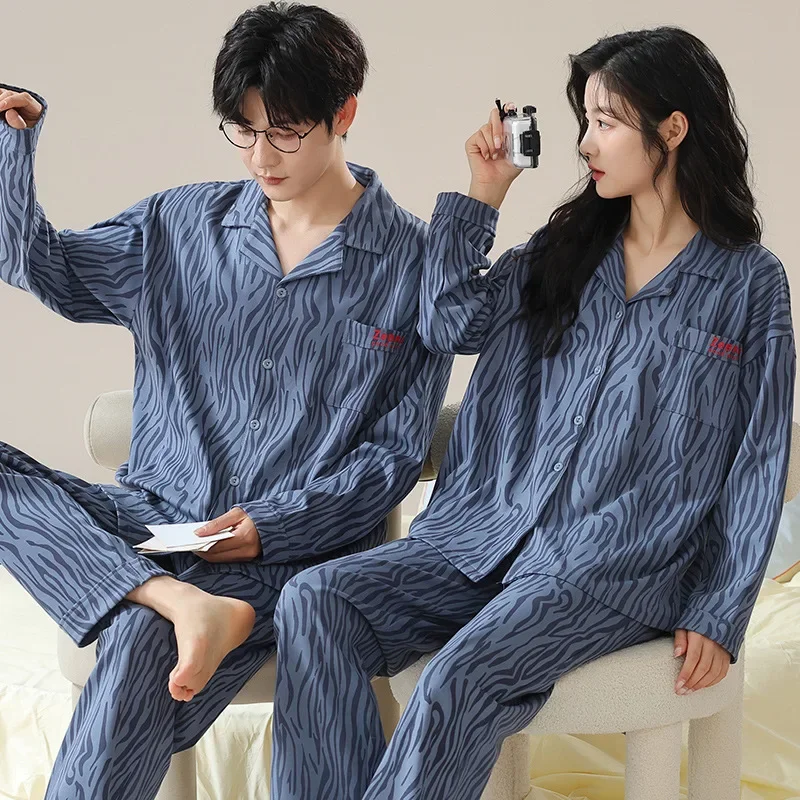 Koreanische Mode Baumwolle Nachtwäsche für Frauen und Männer 2024 Strickjacke Herbst Pyjama Set für Paare Langarm große Größe M-3XL Pijama