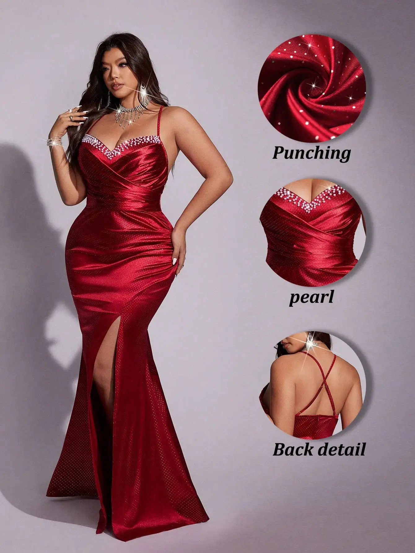 

Красное атласное вечернее платье-русалка с жемчужной отделкой, на тонких бретелях, с высоким разрезом