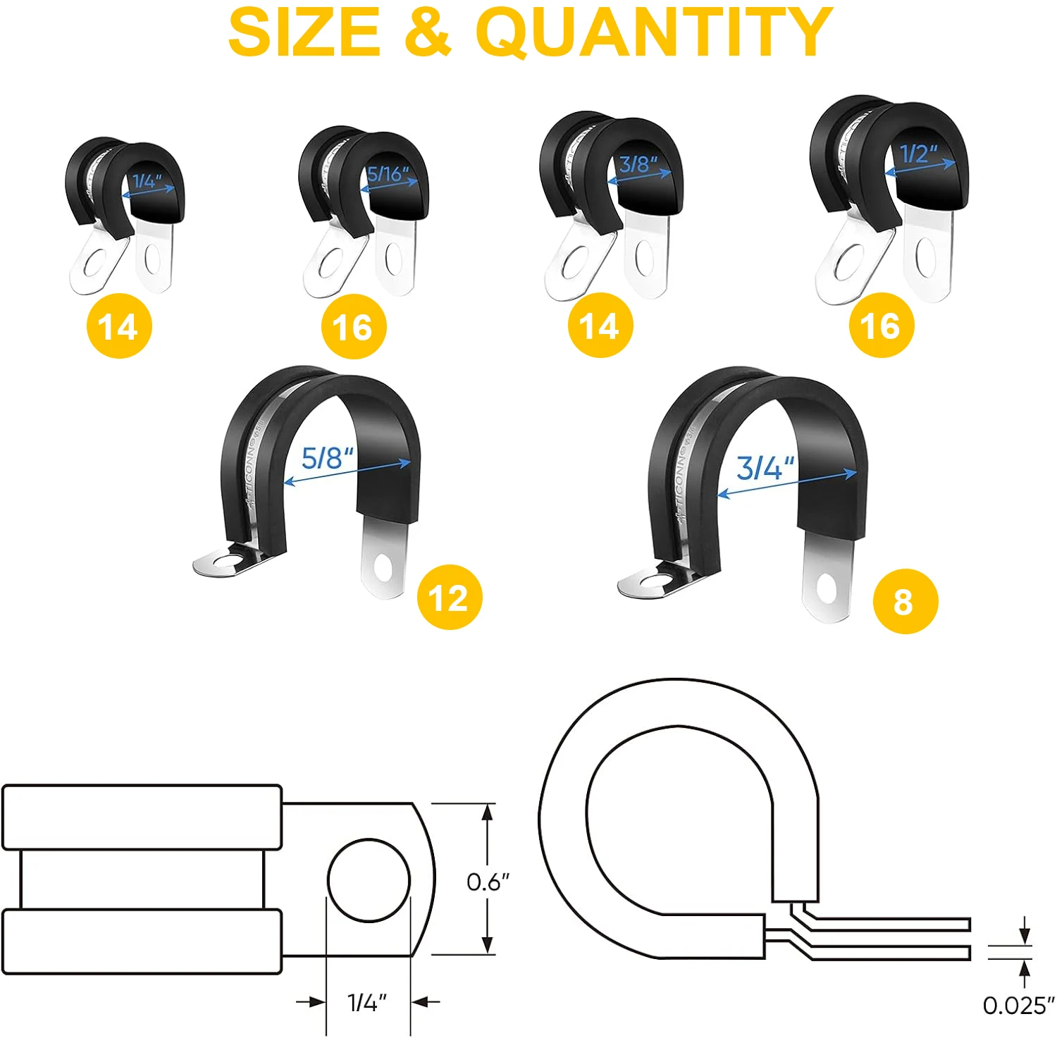 42 Piece Cable Clamp Set - Rubber Cushioned 304 Stainless Steel Hose/Ring/Clamps, 6 Sizes (42 Piece Set, 1/4 in. 5/16 in. 3/8 in