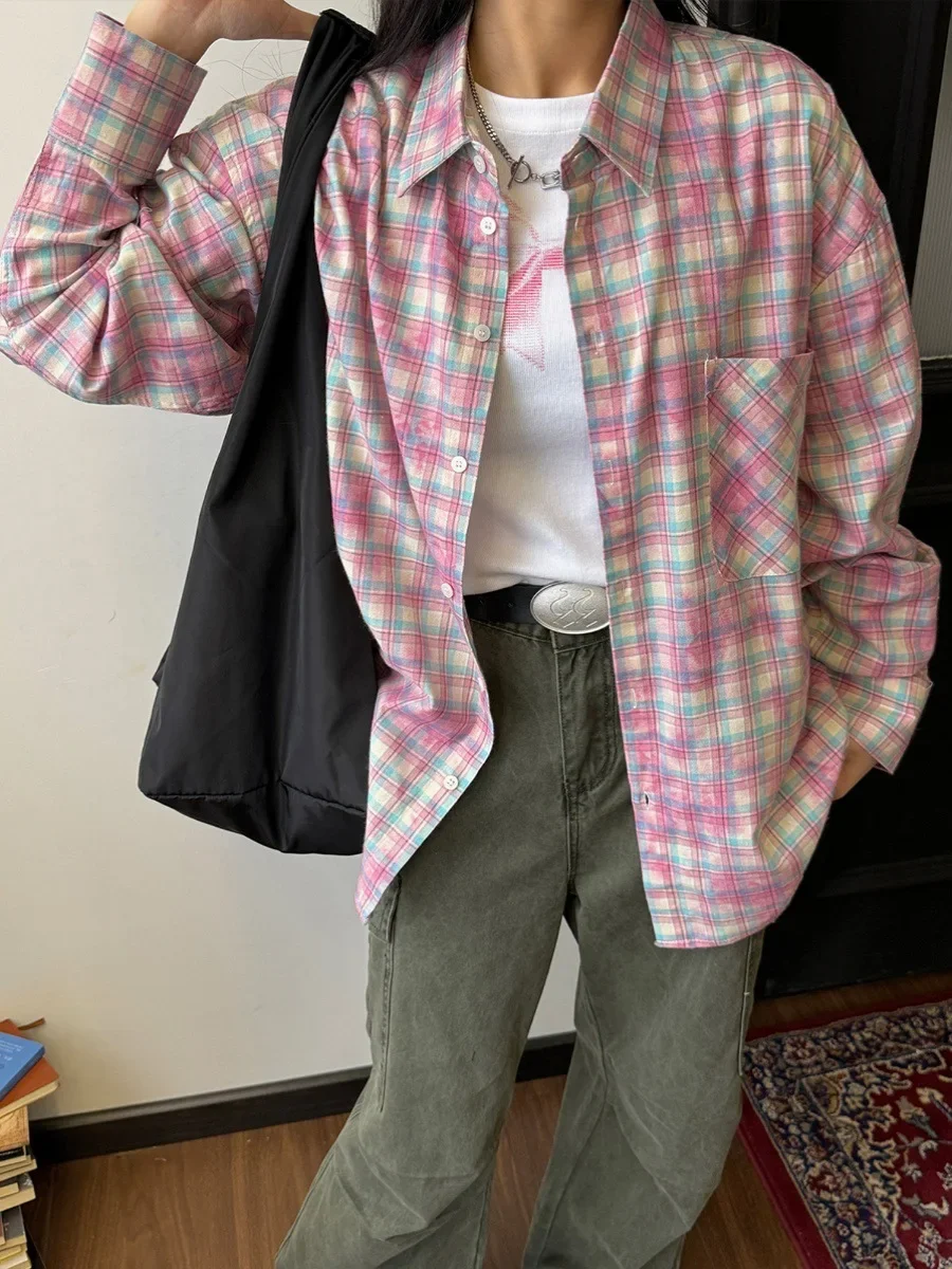 

Рубашки женские в американском стиле ретро в клетку контрастных цветов с карманами и длинными рукавами, топы с защитой от солнца, свободная повседневная верхняя одежда, стильный хипстер