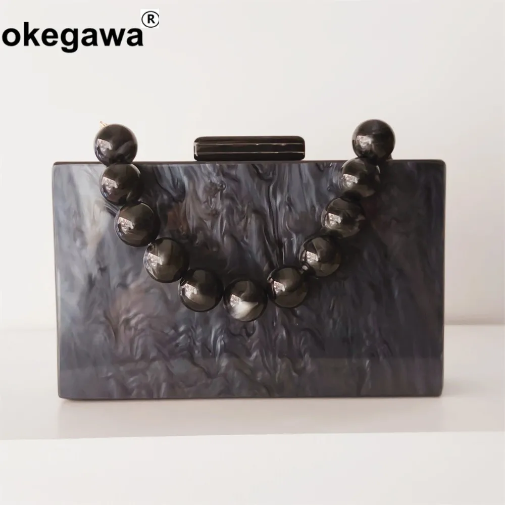 Women Luxury Handbag Beaded Handle Marble Acrylic Black Box Clutches Mini Flap Purse Wedding Party Prom Lady Dress Evening Bag