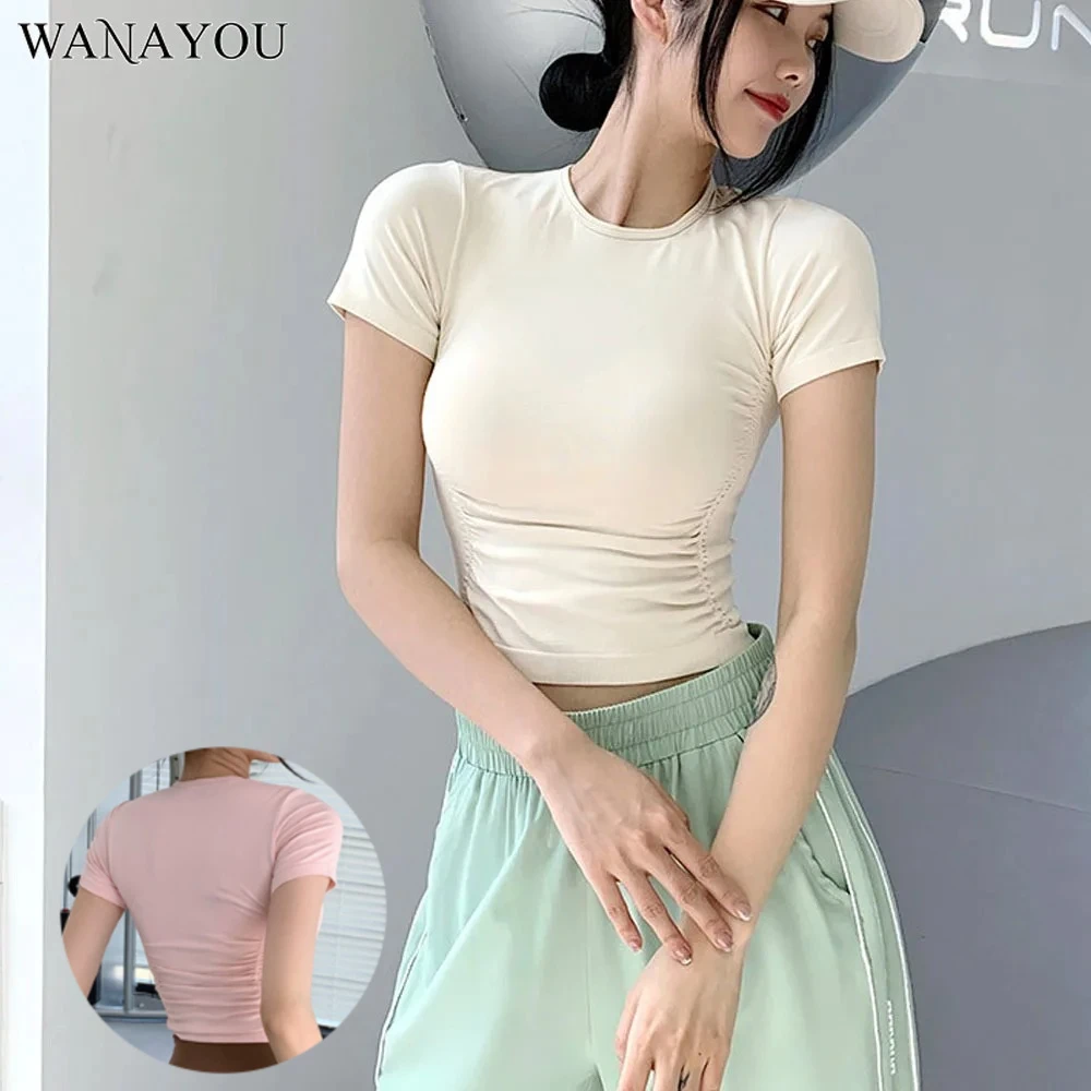 

WANAYOU Quick Drying Women's Yoga Shirt Suitable for Tight Fitting Sports Tops Side Pleated Fitness Vest Sports Running Shirt