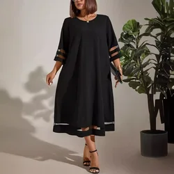 Lace Patchwork Oversize Dress Women Fashion Pure Color O-neck Midi Dresses Summer Casual Loose Plus Size Vestidos Black