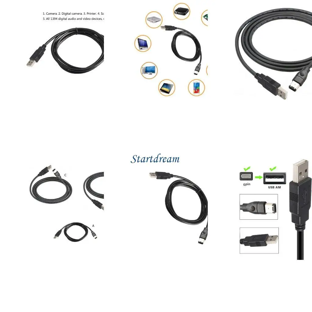 

Firewire IEEE 1394 6 Pin Male To USB 2.0 Type Male Cable Adapter Cameras Mobile Phones MP3 Player PDAs Black K92C