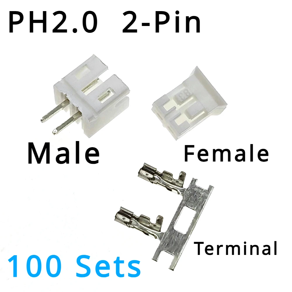 100 Sets, Micro JST 2.0 PH 2-Pin Connector Plug Male ,Female, Crimps