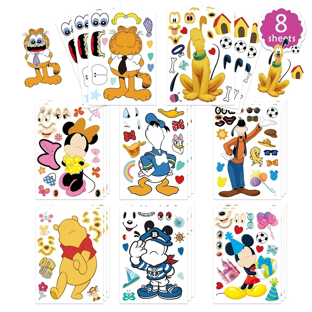 8pcs Cute Disney Cartoon Animal Puzzle Stickers Make Donald Duck Pooh Bear Face Funny Kids Educational Toy Assemble Jigsaw Decal