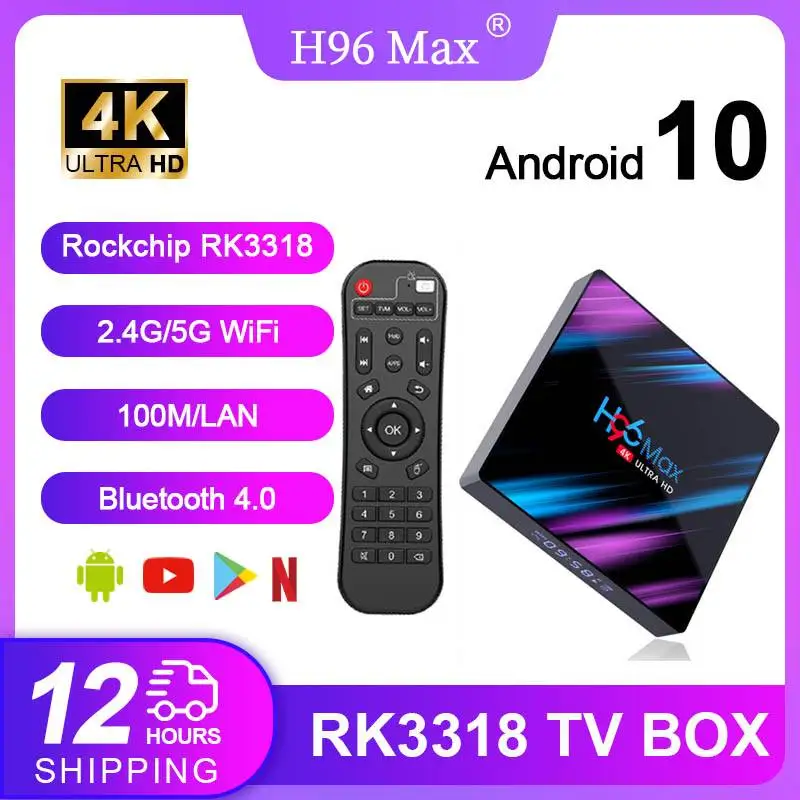 Android10 AI TV Box H96 MAX RK3318 Smart Tv Box 4k HD Output 2.4g/5g Wifi BT4.0 RK3318 Quad-Core CPU 100M/LAN Google Play