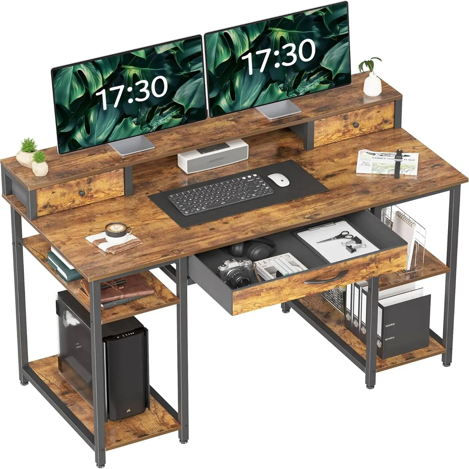 Multifunctional Computer Desk with Monitor Shelf, Professional Dual Tiers Writing Desk,Storage - Sturdy Home Office Desk, Brown