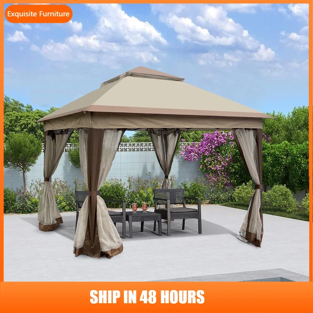 

Открытый 11x11 футов всплывающий навес для беседки со съемной сеткой на молнии, 2-уровневая палатка с мягким верхом, подходит для патио на заднем дворе