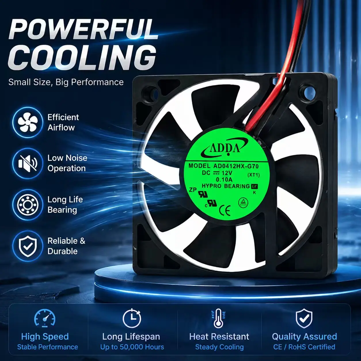 Original For ADDA AD0412HX-G70 DC 12V 0.10A Hypro Bearing 2-Wire 4010 40mm Industrial Axial Cooling Fan