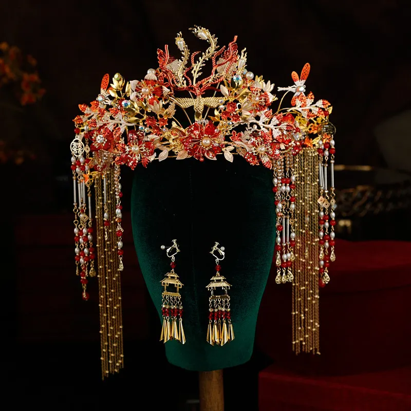 Xiuhe غطاء الرأس الربيع والصيف جديد الصينية الأحمر شرابة التاج وثوب مينغ الزفاف Xiuhe دعوى إكسسوارات الشعر