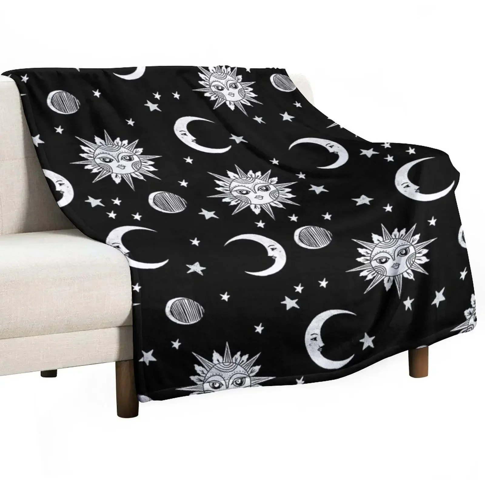 Linocut black and white sun moon and stars outer space zodiac astrology gifts Throw Blanket Summer Nap Blankets