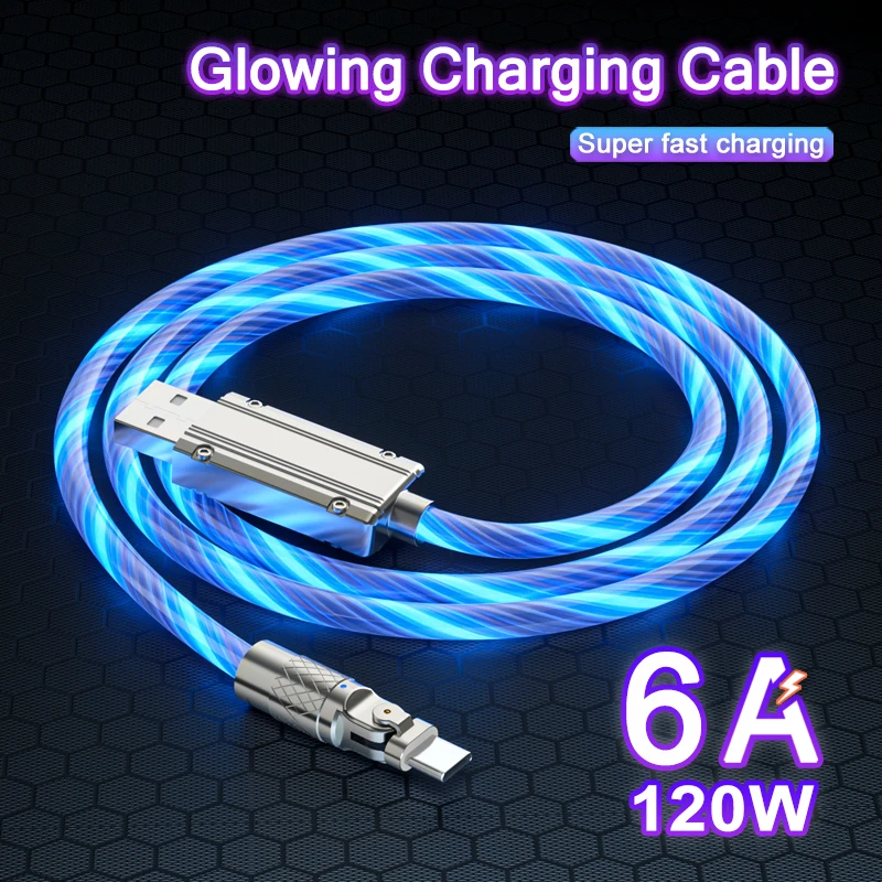 DISOUR RGB Glowing Charging Cable 120W 6A Fast Charging Metal Data Cable 180° Rotation Quickly Charge Line With Cable Organizer