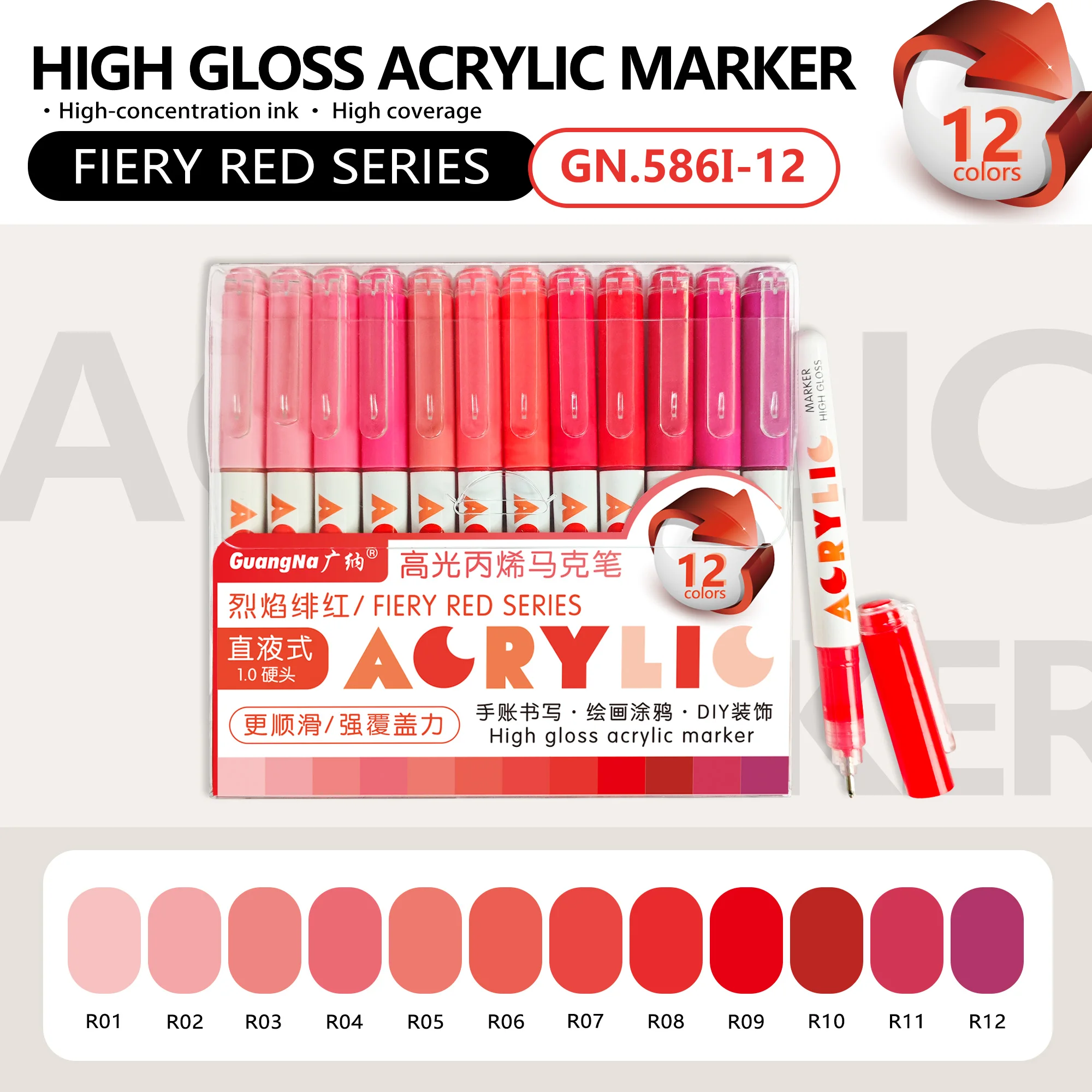 GuangNa 168/12 Kleuren Hoogglans Acrylmarker Set - Premium Direct Liquid Verfpennen voor Kunst, Schilderen, Handlettering & DIY