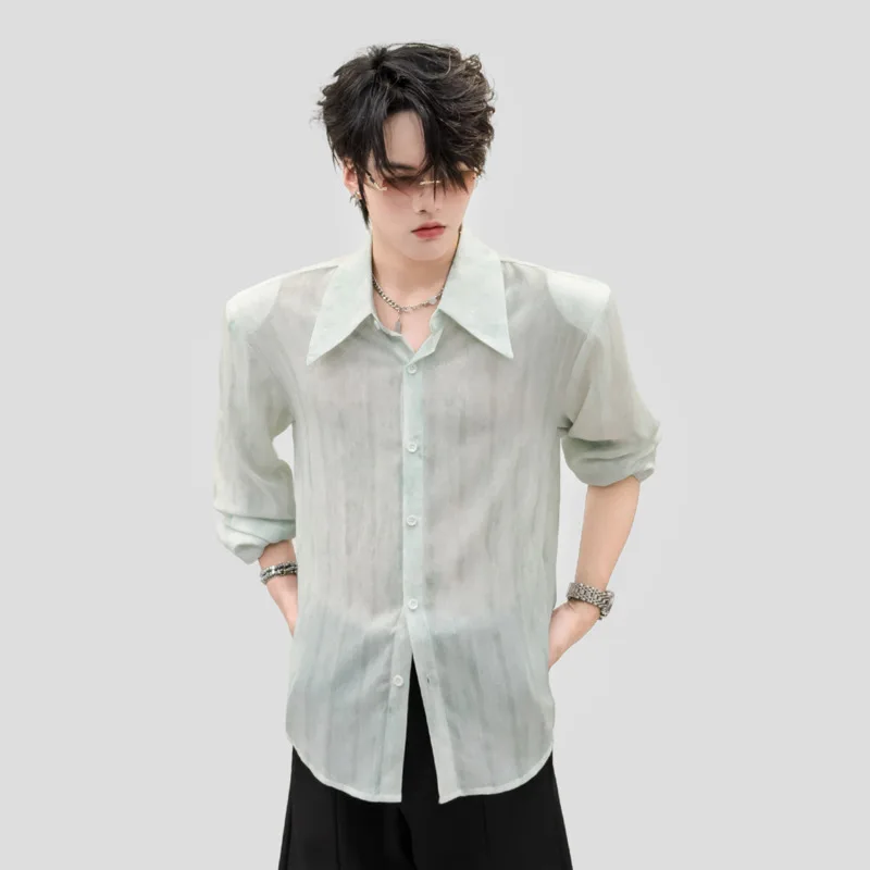 WVGA Summer New Men Lightweight Breathable Trendy Long Sleeved Shirt Niche Shoulder Pad Casual Anti-wrinkle Non-iron Tops W26403