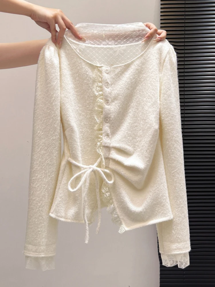 

Французский вязаный свитер с кружевными вставками и узлом, женский, приталенный, осенне-зимний, новый, с круглым вырезом, длинными рукавами