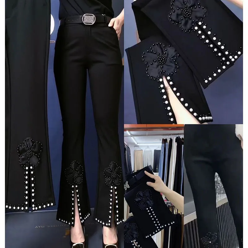 Spring Summer New Heavy Industry Black Flower Nail Bead Micro Pull Pants Female Slim Elastic Casual Short Versatile Women Pants
