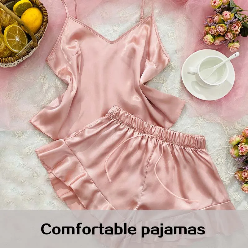 Two Pieces Sexy Pajama Set V-Neck Women Solid Color Silk Satin Spaghetti Homewear Loungewear Ruffled Female Home Clothes