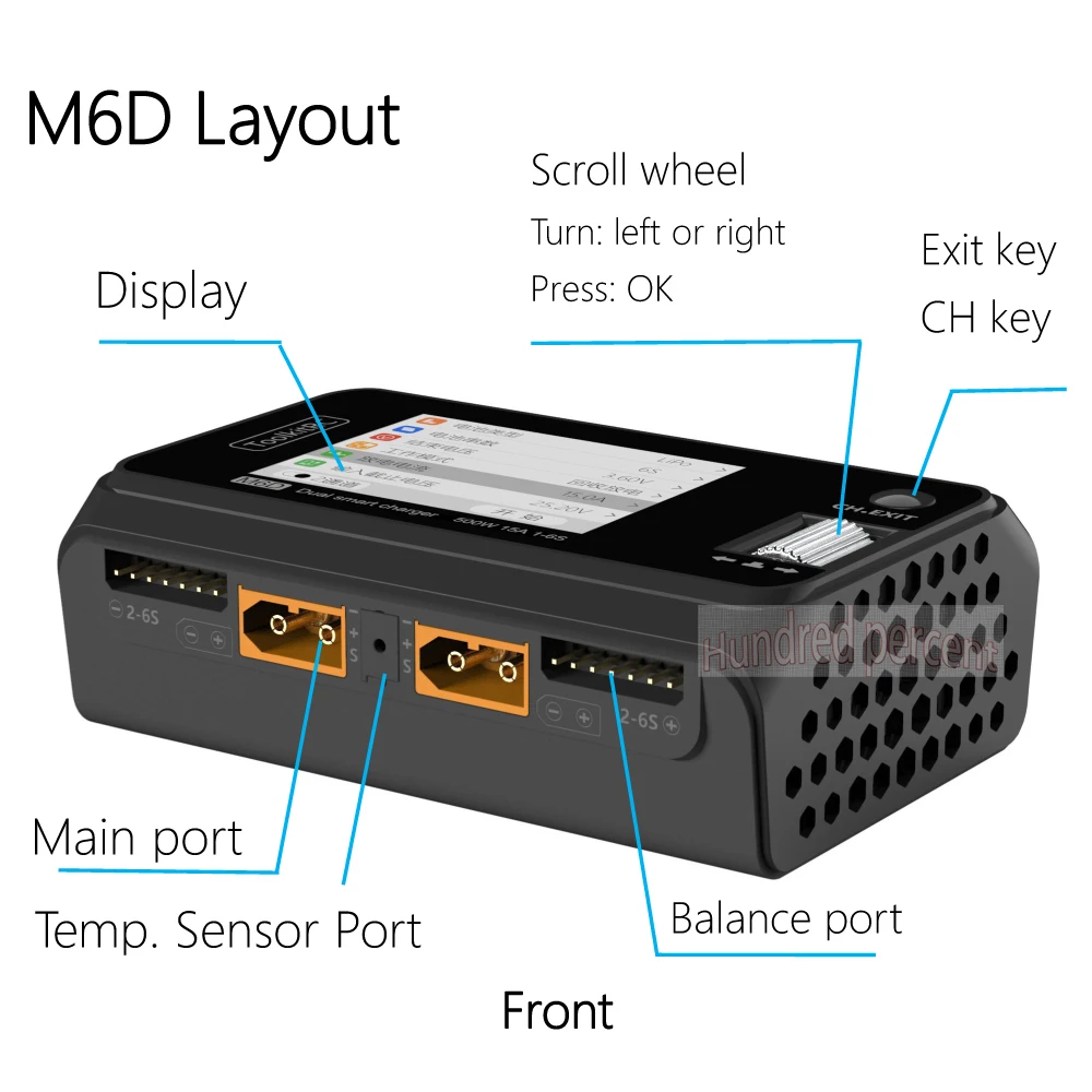 ToolkitRC M6D V3 Dual Channel Smart Charger DC 500W (15A×2 / 25A Sync) for 1-6S LiPo LiHV LiFe LiIon Battery RC Drone Black