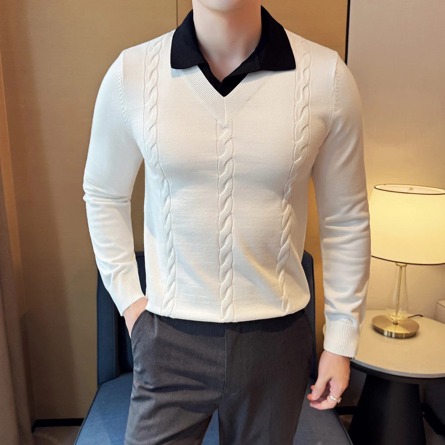 

Модный мужской свитер из 2 предметов высокого качества, корейский роскошный вязаный мужской повседневный свитер с длинными рукавами, облегающий отложной воротник