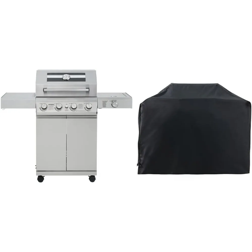 Larger 4-Burner Propane Gas Grills with BBQ Cover, BBQ Stainless Steel Heavy-Duty Cabinet Style