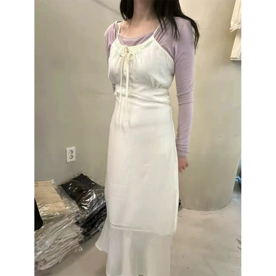 Romantique Dongdaemun été couleur Pure en mousseline de soie fine sangle plissée ter Dr Ele U-Neline Svel femmes Dr