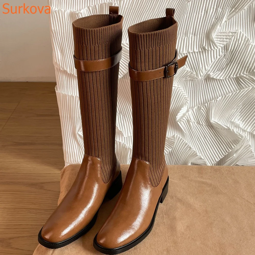 

Stitching Knit Round Toe Women Boots Metal Belt Buckle Low Heel Knee High Boots Fashion Plus Size Fashion Casual Women's Boots