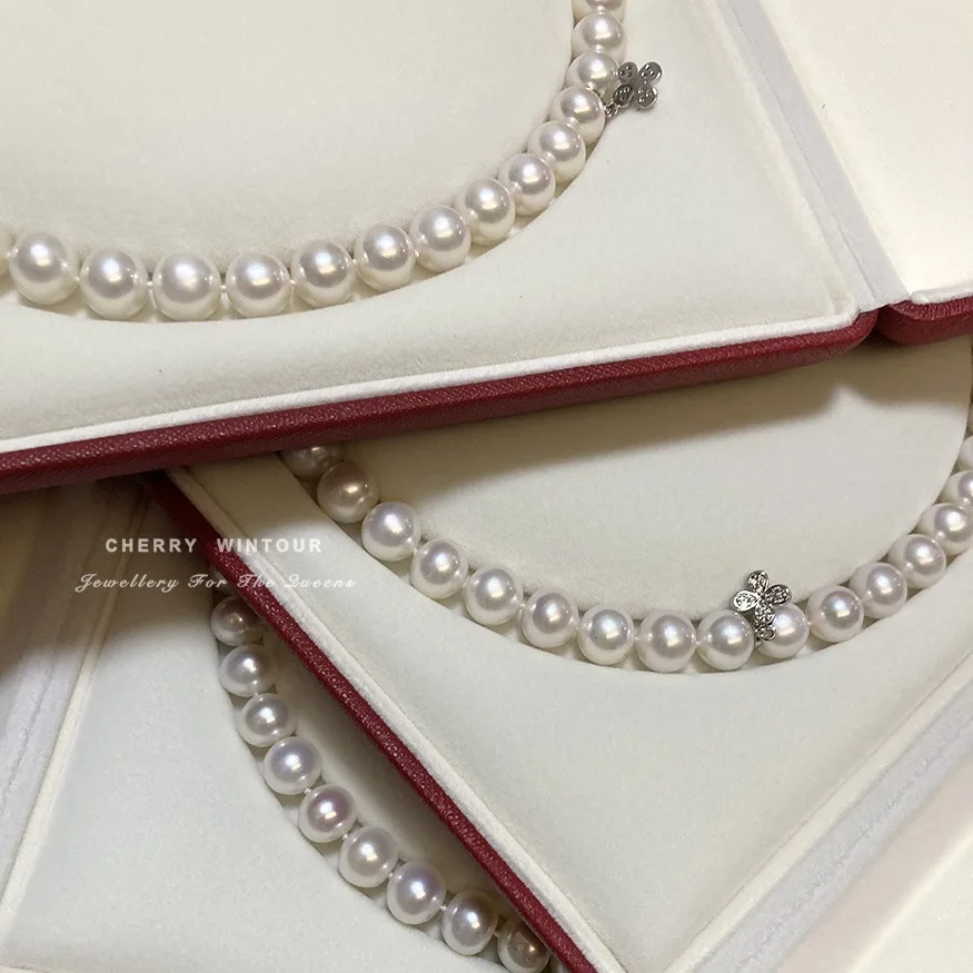 8-9mm Natural Freshwater Pearl Necklace 925 Silver Three Leaf Clover Clasp Strong Luster Round Classic for Women