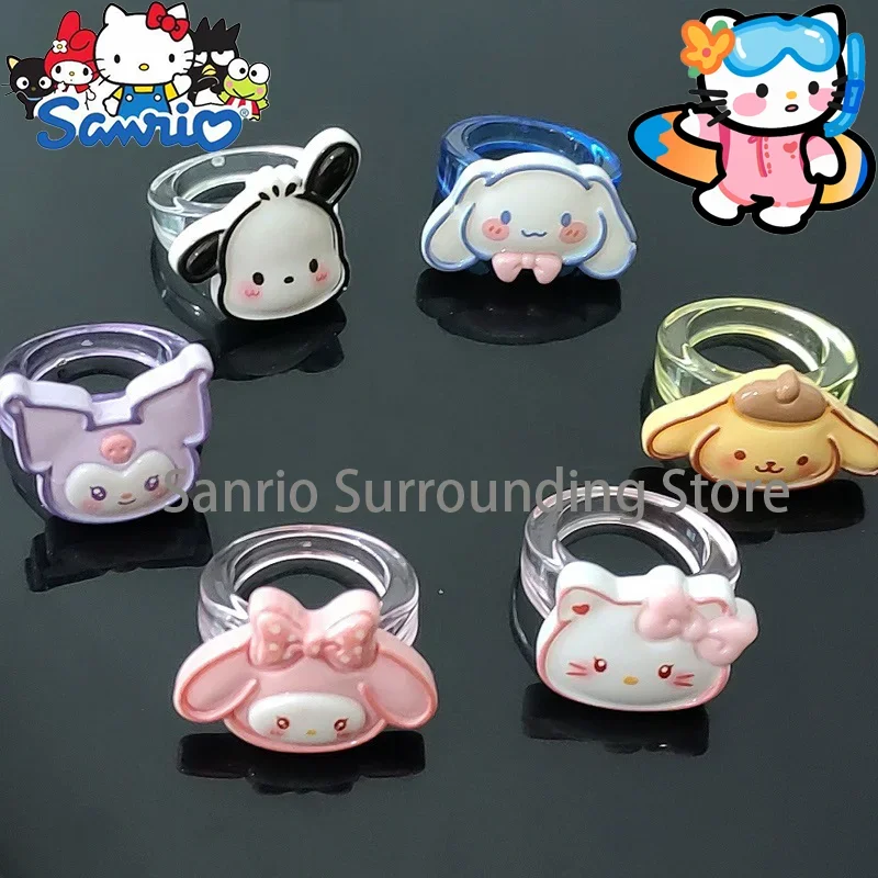 Sanrio Ring Acrylic Transparent Rings Hello Kitty Kuromi My Melody Cinnamoroll Kids Birthday Gifts Fashion Jewelry Rings