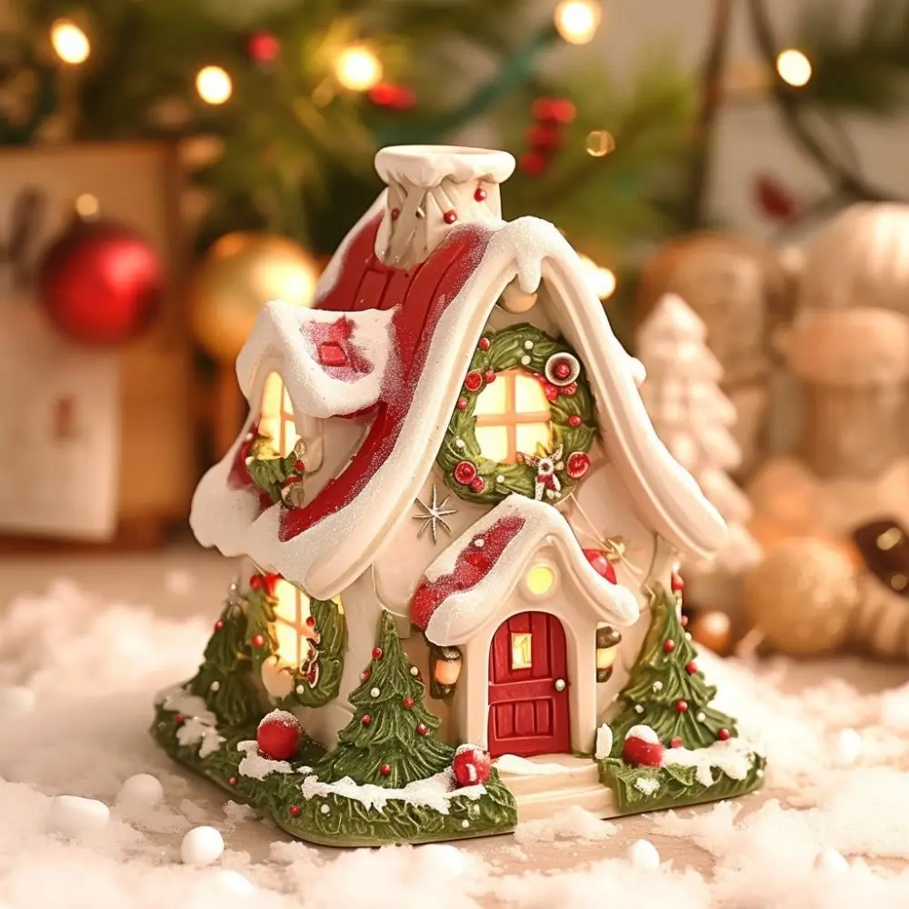 New Creative Snow House Ornaments Christmas Glow Outdoor Decorations Resin Micro Landscape Craft