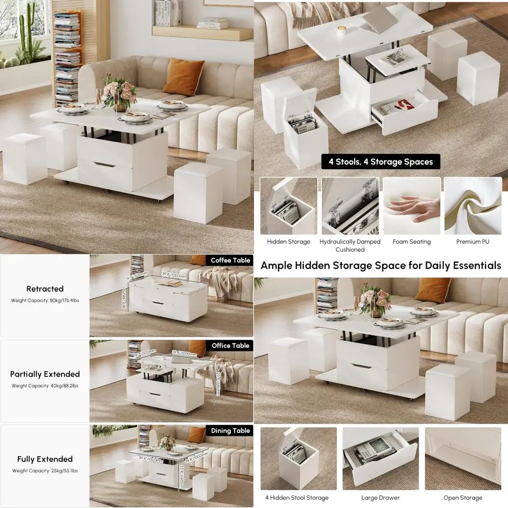 Modern Multi-Functional Folding Coffee Table with Storage and 4 Stools on Casters