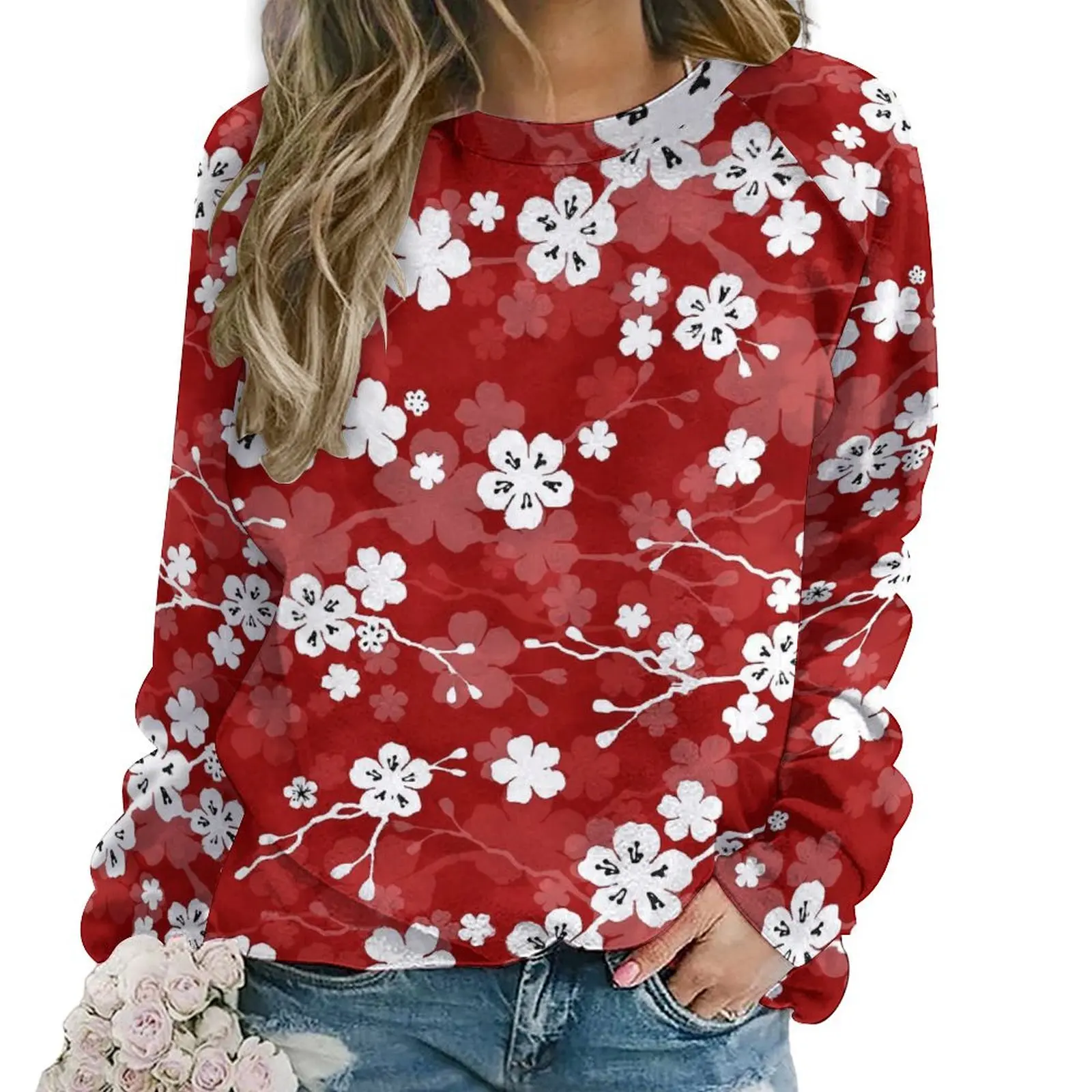 Red And White Floral Hoodies Women Long Sleeve Cherry Blossom Y2k Casual Hoodie Cheap Fashion Oversized Custom Sweatshirts