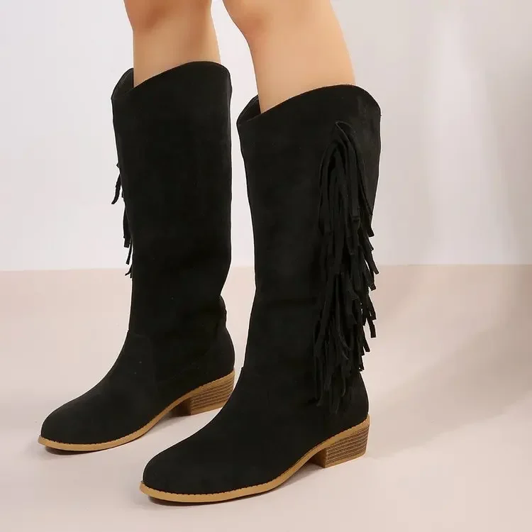 

2024 Western Cowboy Boots Pointed Shoes Suede Fringe Shoes Knee-high Heel Comfort Walking Boots