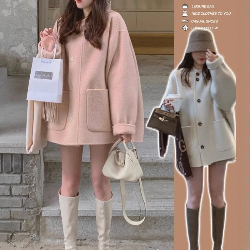Women's Woolen Hooded Medium-length Loose-fit Cute Coat Jacket Autumn Winter Soft And Warm Hooded Overcoat Plush Outerwear