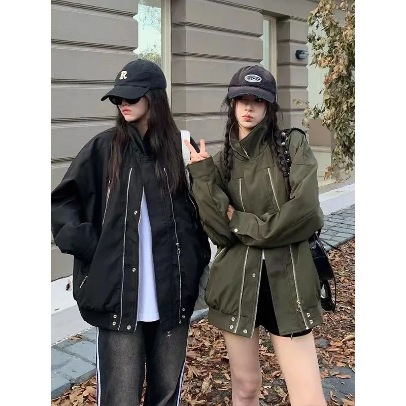 YYAHAHAS Zipper Design Sense High Street American Style Lapel Coat Loose Functional Flight Suit Jacket Female Clothing