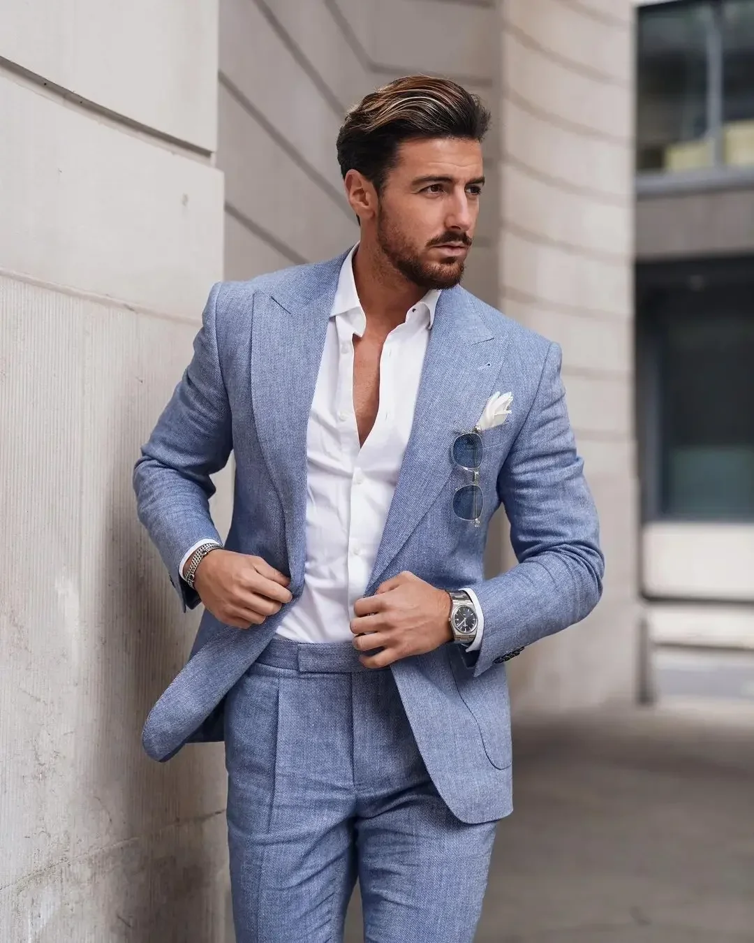 Traje de lino azul para hombre, chaqueta de 2 piezas personalizada de alta calidad, traje informal ajustado para boda y playa, verano, 2024