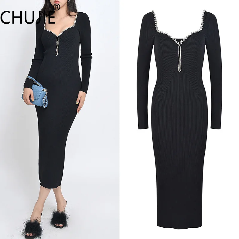 

CHUJIE Diamond Accent Square Neck Dress Socialite Elegant Long Sleeve Bodycon Evening Gown SS25