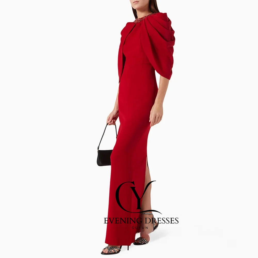 فستان حفلة موسيقية أحمر من CUYUN مع كيب مخصص بأحجار كريستال غمد خلفي سبليت للمرأة العربية السعودية ثوب مسائي #3