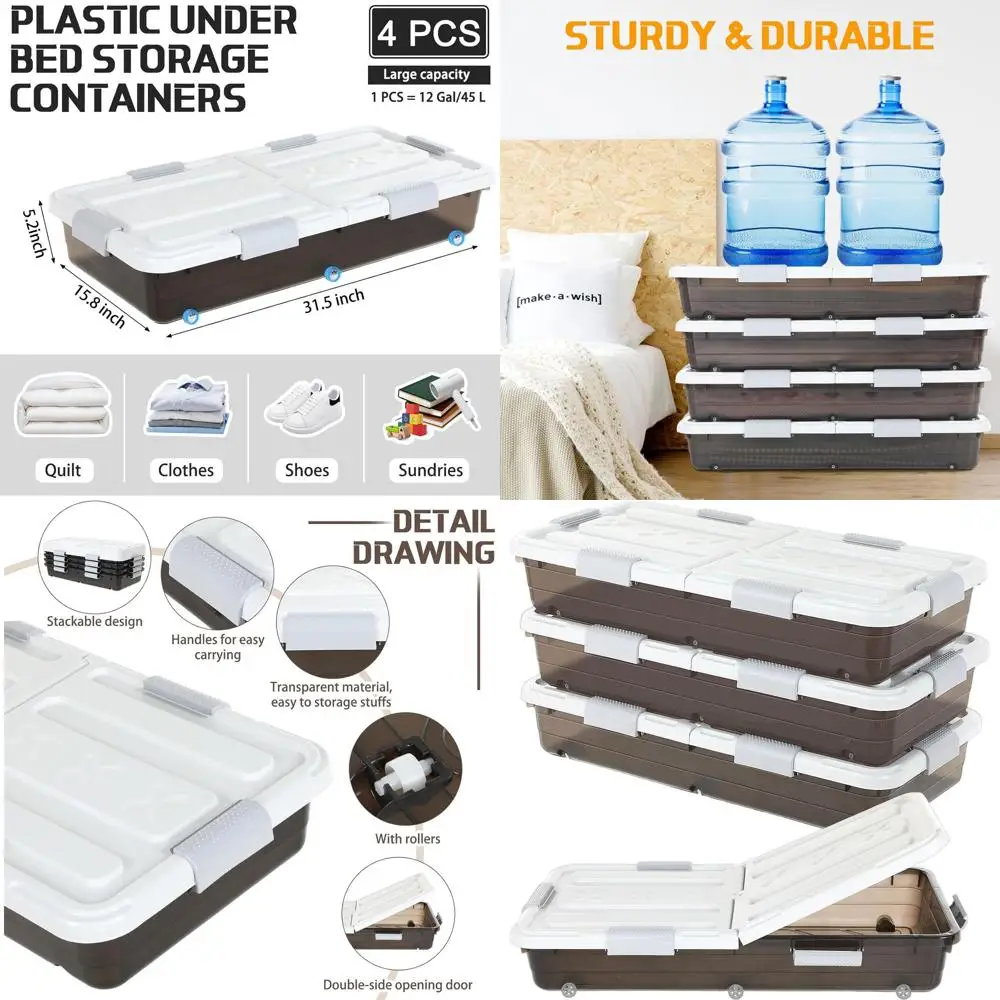 

Набор из 4 прозрачных пластиковых контейнеров для хранения с колесиками, двойной крышкой, штабелируемые, для спальни или гардеробной, 31.5x15.8x5.2 дюйма (коричневые)