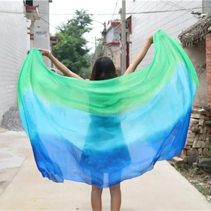 

100% Pure Silk Belly Dance Veil For Belly Dancers Scarf Shawl Gradient Color White-Blue 250*114cm For Women